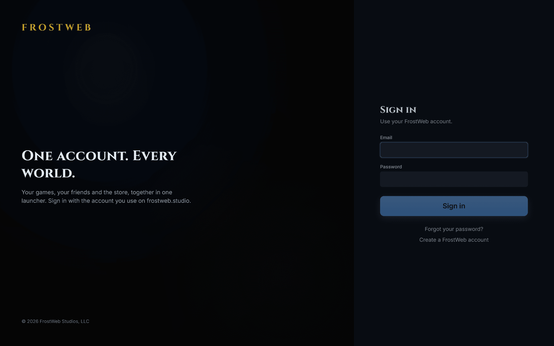 FrostLauncher sign-in screen with the FrostWeb mark, email and password fields and a Sign in button